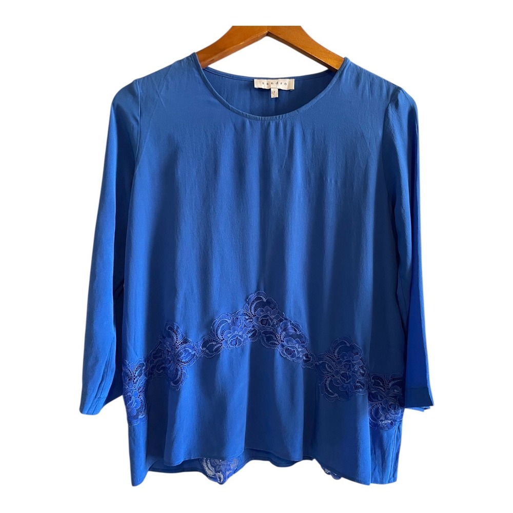 Sandro‎ Paris Silk Blouse Women's Small Blue Lace Accent 3/4 Sleeve 100% Silk